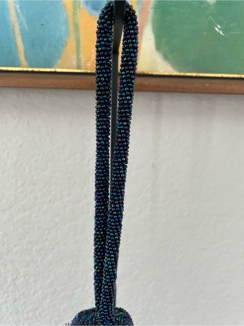Vintage Hand Beaded Navy Peacock Iridescent Evening Bag Wristlet La Regale Style